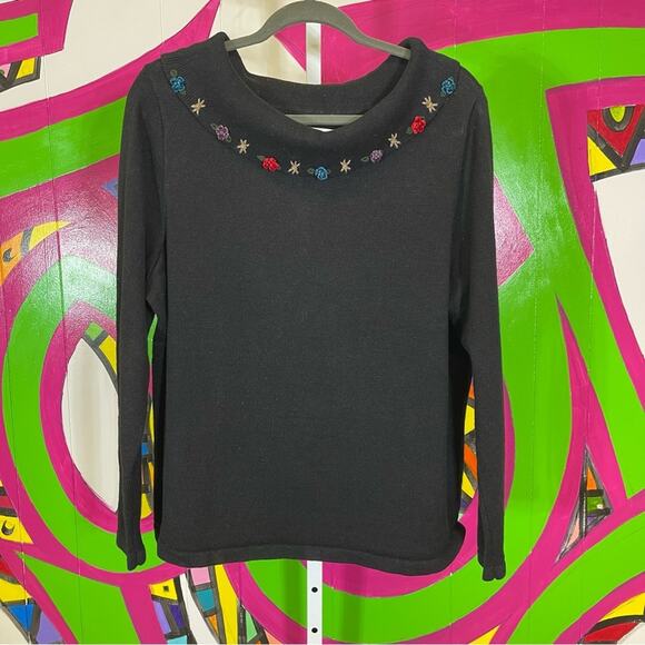 CJ Banks, Ramie Knit Cowl Neck Sweater, Flower details on the neckline. Size 1X - Picture 1 of 6